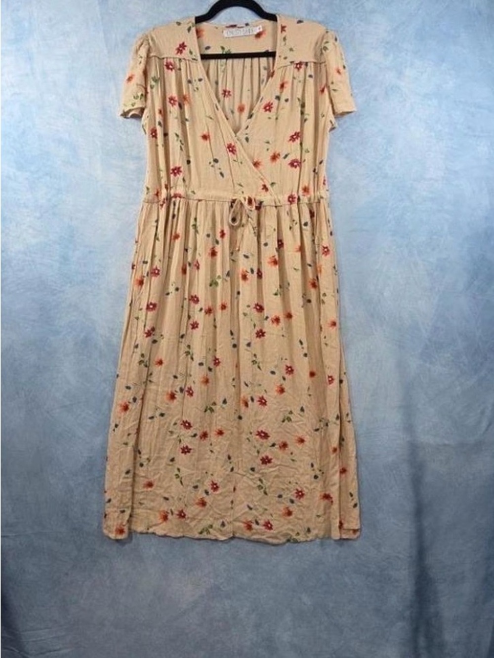 Christy Dawn Beige Floral Wrap Midi Dress with Tie Waist